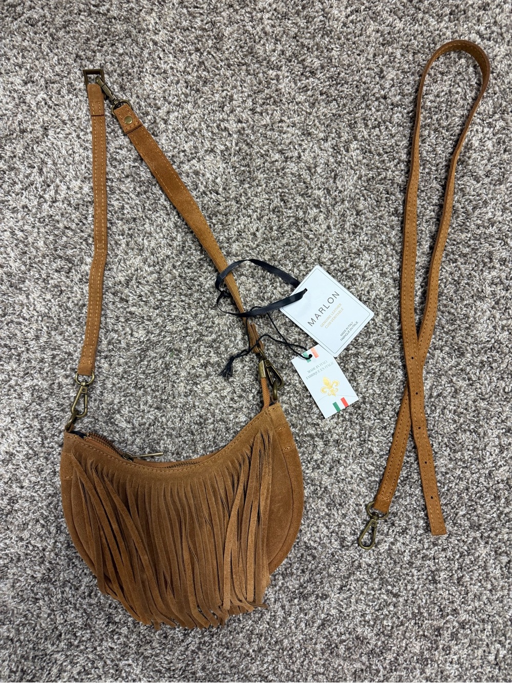 Fringed Suede Crossbody Bag in Tan by